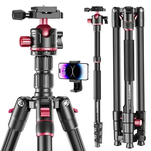CAMBOFOTO Trípode para Cámara 188 cm, Trípode de Aluminio con Cabezal de Bola para Cámaras DSLR/SLR y Monopie con Bolsa de Transporte Compatible con Canon Nikon Binoculares Telescopio Láser