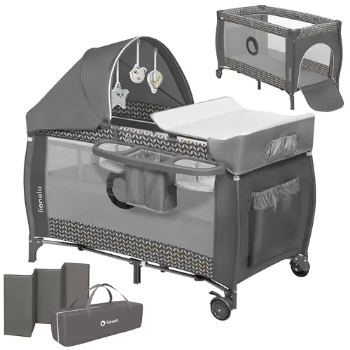 lionelo Sven Plus Cuna de Viaje para bebés 0-36M para niños hasta 15 kg Función de Cambiador Mosquitero Apertura Lateral con Cremallera Ajuste de Altura (Gris)