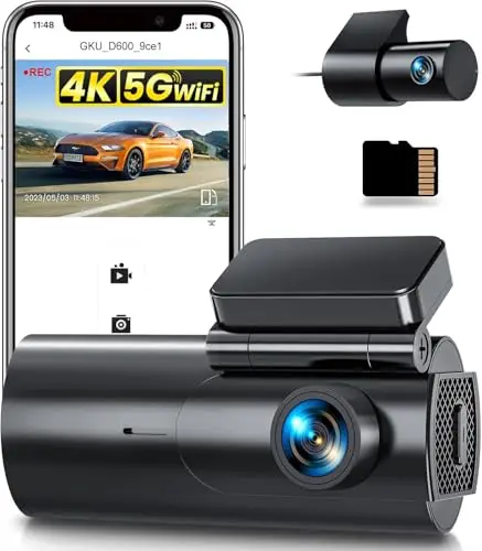 GKU Dashcam Cámara Coche 4K+1080P, 5GHz WiFi Dash CAM Coche con Tarjeta SD de 64GB,Camara Coche Grabadora,170° Gran Angular,Visión Nocturn,WDR,Sensor G,Monitor de Aparcamiento