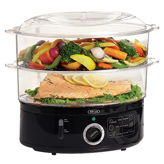 bella Vaporera de dos niveles con cestas apilables y base extraíble para una cocción rápida y simultánea. Apagado automático y protección contra ebullición en seco, 7 l, color negro.