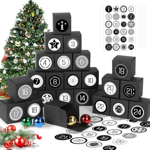 Calendario de Adviento, 24 Calendario Adviento para Rellenar , Cajas Negra Calendario de Adviento, Calendario Adviento DIY , Calendario Adviento Rituals 2022 con Adhesivos Digitales de Adviento