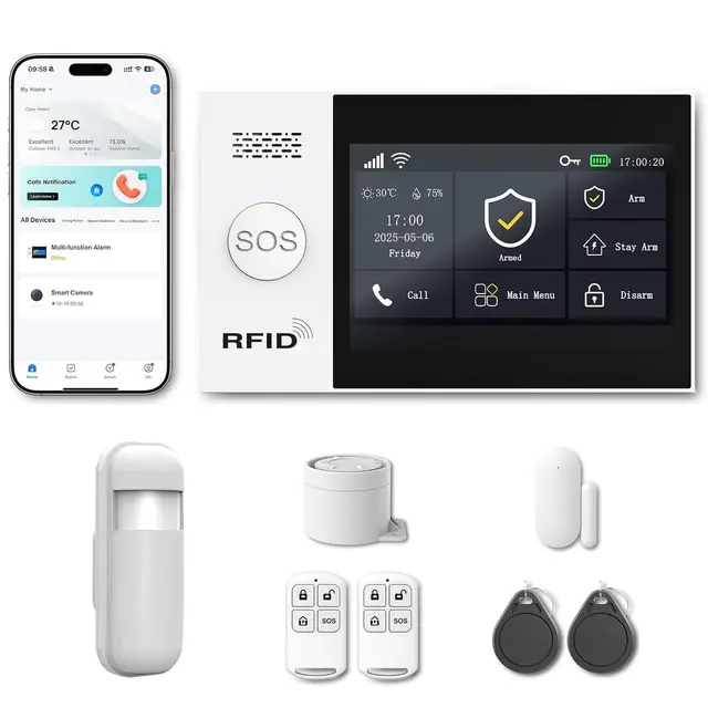 Kit Alarma Casa WiFi + 4G, Alarma Sin Cuotas con Pantalla Táctil 4,3", 5 Detectores de Movimiento, 10 Sensores Puerta/Ventana, Sirena 120 dB, App, Alexa y Google