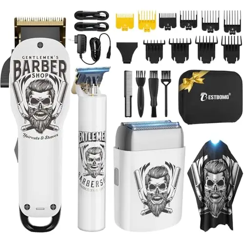 BESTBOMG Maquina de Cortar Pelo Hombre, Cortapelos Hombre, Máquina de Afeitar Eléctrica con Pantalla LED, Recortadora de Barba Cortadora de Pelo Clipper con Peine Guía, Capa de Barbero