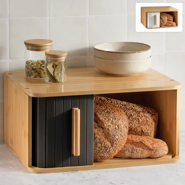 Panera de Madera Grande - Con Puerta Corredera – Panera Bambú FSC® para Guardar el Pan 40 x 28 cm – Ahorra Espacio - Elegante Para Una Frescura Prolongada - Negro