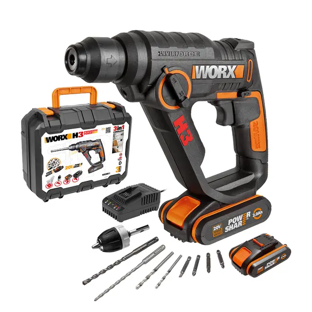 WORX WX390.1 Martillo perforador sds plus 20V-2Ah, 1,2J, velocidad variable, compacto y ligero para hormigón y mampostería, 2 baterías, cargador y maletín