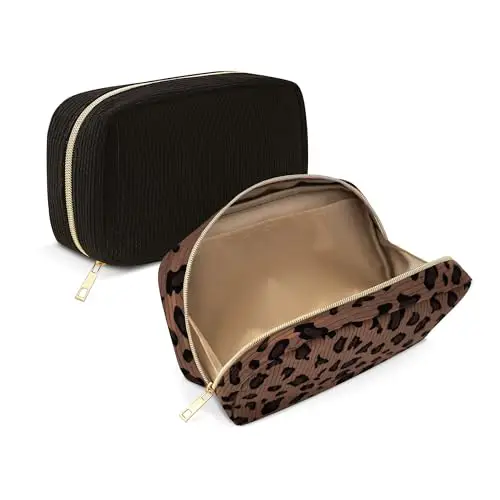NANDADEVI Bolsos de Maquillaje de Pana con Cremallera metálica, organizadores de cosméticos de Viaje, neceseres, 2 Unidades (Negro+Leopardo Marrón, 2Pcs)
