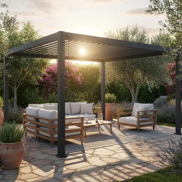 Pérgola bioclimática Luxury con estructura de aluminio antracita, techo laminar orientable, para jardín y porche (3 x 4 metros)