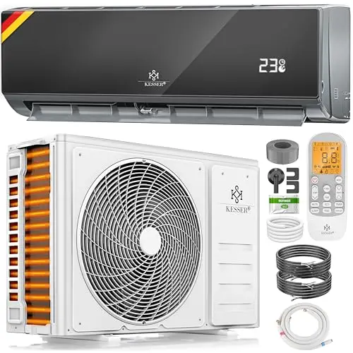 KESSER® Aire acondicionado SET Split con función wifi/App, refrigeración A++/ calefacción A+, refrigerante R32, pantalla LCD, función de temporizador, Split 12000 BTU/h / 3400 Watt - antracita