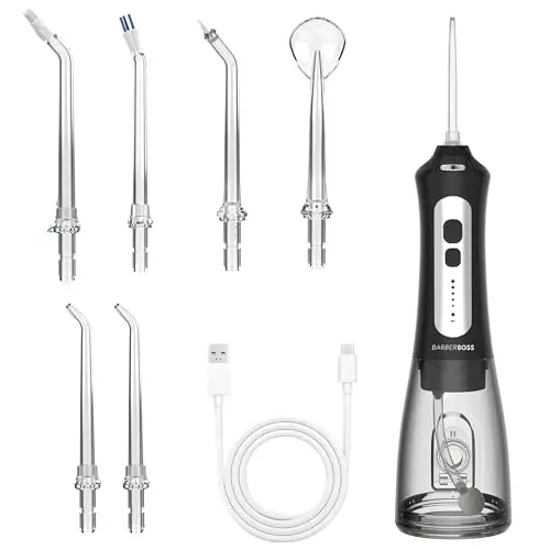 Irrigador bucal inalámbrico BarberBoss para dientes y encías, 6 boquillas multifuncionales, pantalla LED, recargable por USB, irrigador eléctrico (negro)