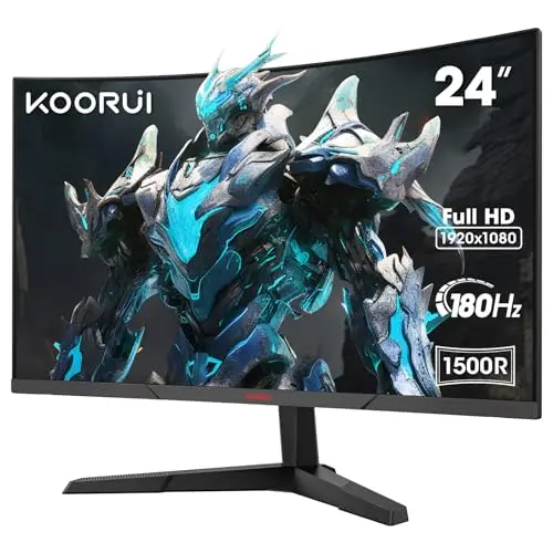KOORUI 24E6CA Monitor Gaming Curvo 24 Pulgadas, 180HZ, 1ms, 1500R, HDR, VA 3000:1, FHD 1920x1080, 2xHDMI 2.0, DP 1.2, Adaptive Sync, Eye Care, VESA 100x100mm, Inclinación Ajustable