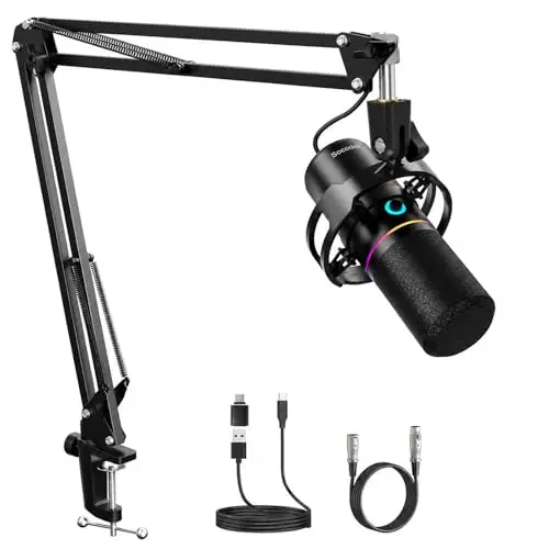 Micrófono para Juegos XLR/USB con Brazo Articulado, Micrófono Dinámico con Silenciamiento con un Solo Toque, Control de Ganancia, Micrófono RGB para Podcasts, Streaming, GrabacióN Y Voz