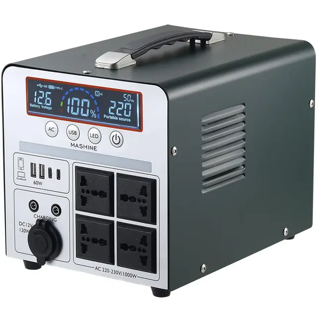 Power Station 1000W/666Wh, Mashine Generador Portátil Recargable con Batería de Reserva para Camping, Autocaravanas, Drones, Primeros Auxilios e Iluminación Exterior, con 4 Tomas de CA