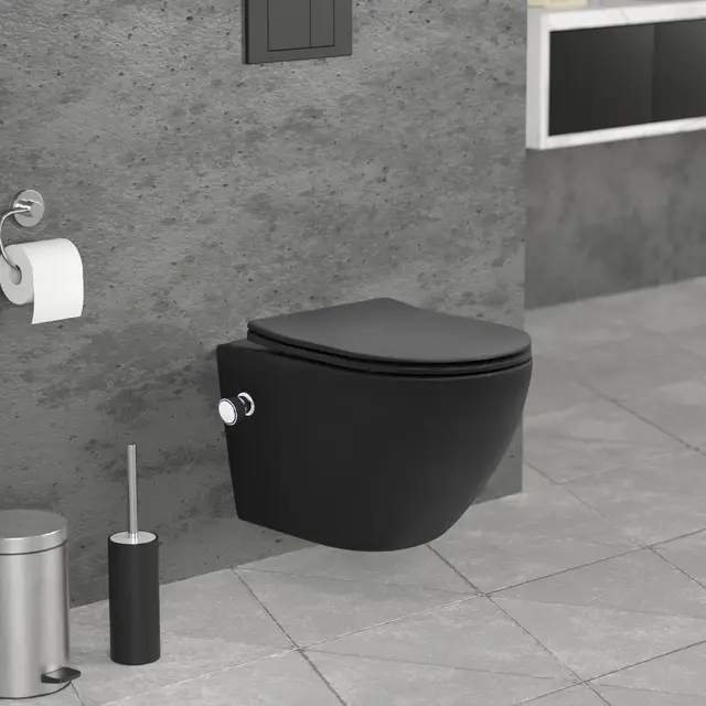 LuxeBath WC Suspendido con Función Bidé Negro de Cerámica, Inodoro Colgante 49 cm Corto con Cierre Suave Descarga Profunda de Tornado para Baño, Wáter con Asiento Extraíble y Tapa Brillante Softclose