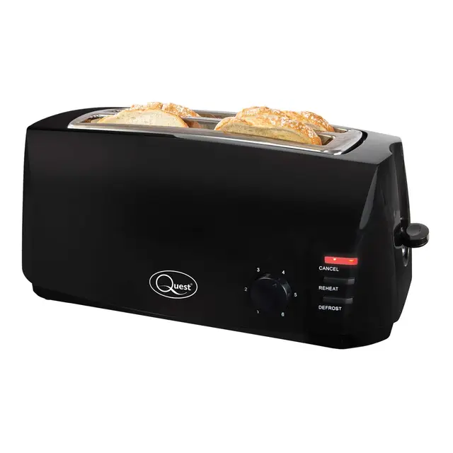 Tostadora Quest 4 rebanadas negra - Ranuras largas extra anchas para bollos y bagels - 6 configuraciones - Recalentar y descongelar