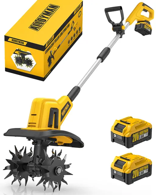 Alloyman Motoazada eléctrica de 20V MAX, cultivador de jardín, 360 RPM, con 2 baterías de 4,0 Ah y Cargador, Ancho de Trabajo de 23 cm, Profundidad de 17 cm, motoazada para Suelos