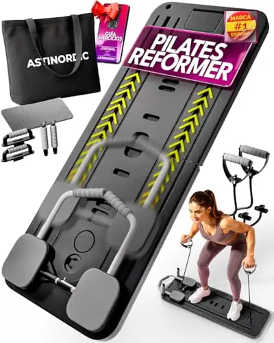 Pilates Reformer Plegable con Accesorios + Guía de 10 Ejercicios, Pilates Board para Casa, Tabla Pilates Multifuncional, Mini Reformer Pilates, Máquina Pilates Home Gym
