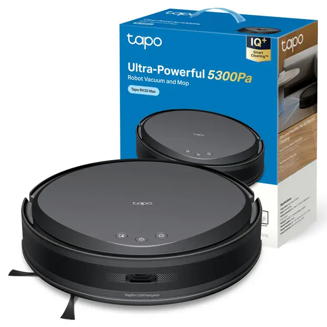 Tapo RV20 MAX – Robot Aspirador y Friegasuelos 4 en 1, Ultrasucción 5300Pa, Navegación LiDAR MagSlim, Limpieza Inteligente IQ+, Diseño Ultrafino 83mm, Limpieza Personalizable con App, Alexa y Google