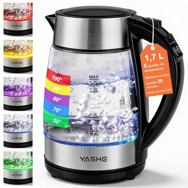 YASHE Hervidor de Agua Eléctrico de Vidrio con Control de Temperatura 1,7L, 2200W Hervido Rápido, Indicador LED de 5 Colores, 30 Min Mantenimiento de Calor, Filtro Anticalcare