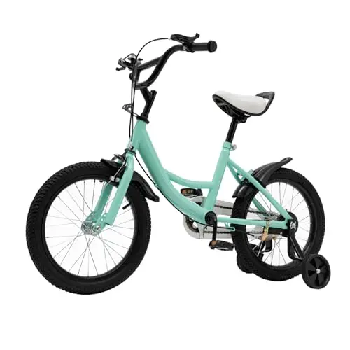 Bicicleta infantil de 16 pulgadas con ruedas estabilizadoras para niños y niñas a partir de 5-8 años – sillín y manillar de altura ajustable, sistema de doble freno – guardabarros, timbre y cuadro de