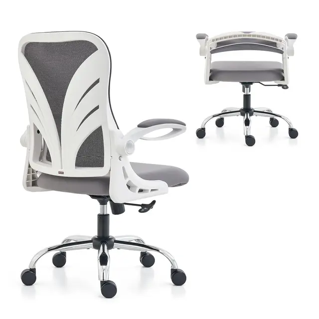 HOLLUDLE Silla de Oficina Ergonómica con Respaldo Plegable, con Reposabrazos, Asiento Ancho y Soporte Lumbar de Malla, Giratoria Ejecutiva para Computadora, Blanco