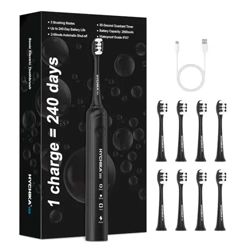 Cepillo de dientes eléctrico sónico para adultos,recargable 240 días de duración de batería con 2500mAh,8 cabezales de repuesto,3 modos de limpieza y resistencia al agua IPX7,negro