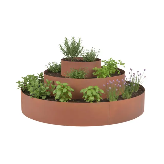 Relaxdays Espiral para Hierbas 3 Piezas Ø30/60/90 cm, Altura 20 cm, Acero Efecto óxido, pirámide jardín marrón