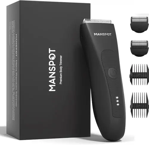 MANSPOT Afeitadora Corporal Masculina, Depiladora Corporal Hombre con Cuchilla de Cerámica, IPX7 Impermeable Wet & Dry, Recortadora Zona Íntima, Cuerpo, Axilas y Barba, 4 Peines Guía