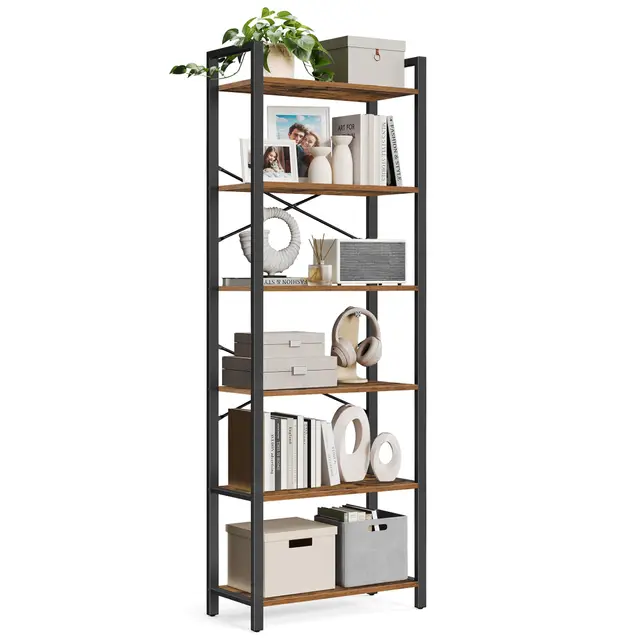VASAGLE Estantería Alta de 6 Niveles, Librería con Marco de Acero, para Salón, Dormitorio, Oficina, Estudio, 30 x 66 x 186 cm, Estilo Industrial, Marrón Rústico y Negro Tinta LLS062B01