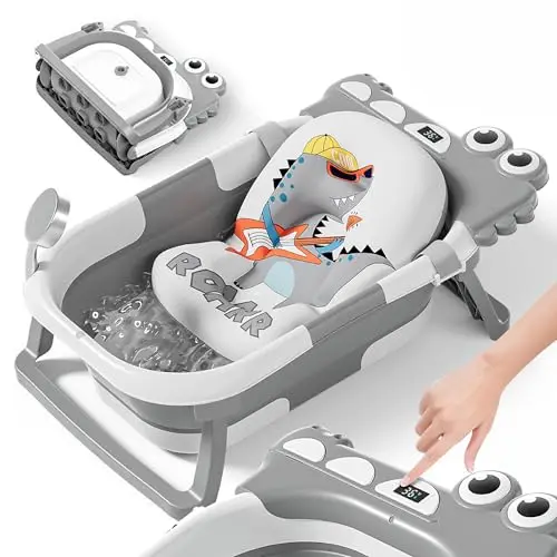 SUPERBE BEBE Bañera Plegable Bebé con Termómetro Gris Dino