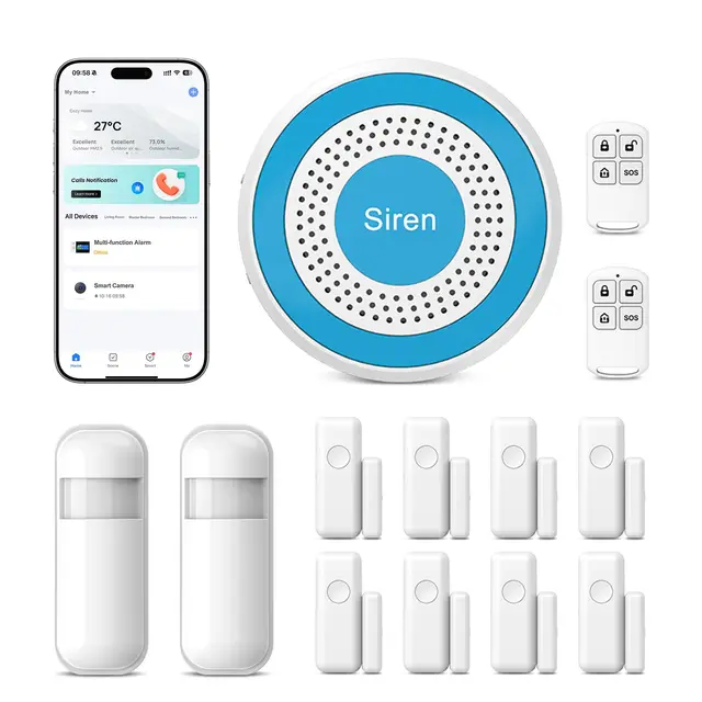 PGST Sistema de Alarma Inalámbrica para Hogar - Kit de Seguridad Inteligente con Alertas Instantáneas en App Tuya,Incluye Sirena,Sensores de Puerta/Movimiento y Mando,Compatible con Alexa