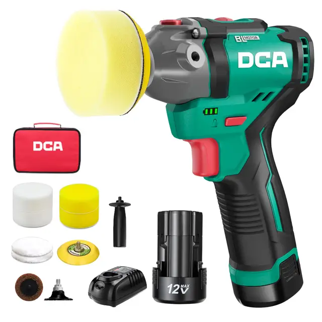 DCA Mini Pulidora Coche 12V, 75MM Pulidora Bateria y 50mm Lijadora, Pulidora Orbital, Máquina de Pulir sin Escobillas, 2 Baterías de 2,0Ah, 2 Velocidades 2800-8300 RPM para Pulir, Encerar y Limpiar