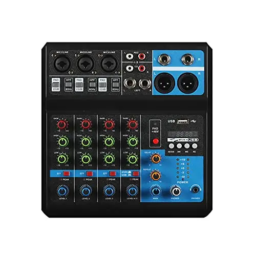 Mini Mezclador de Audio profesional 5 Canales USB Wireless Reproducción 48V Alimentación Phantom para Grabación PC Bandas