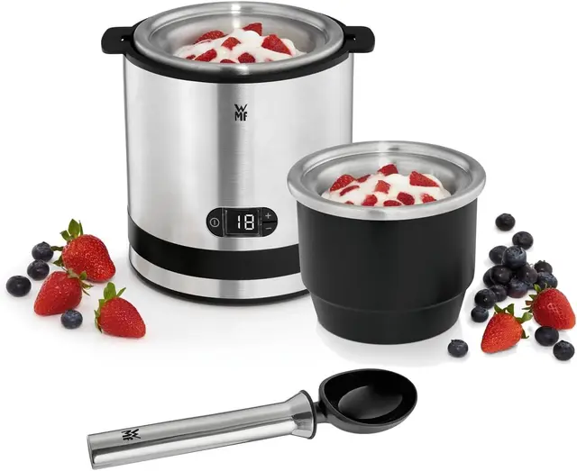 WMF Kitchenminis - Heladera 3 en 1, yogur helado, sorbete, helado, 12 W, pantalla cristal, función contador, incluye cuchara de helados, 300 ml, acabados acero inoxidable cromargan mate