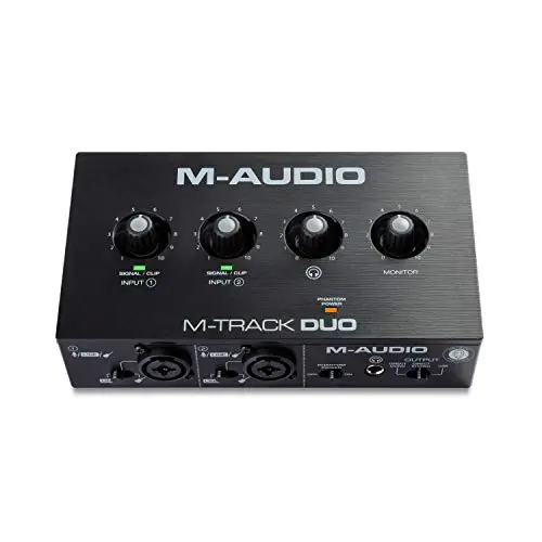 M-AUDIO M-Track Duo Interfaz Audio, Tarjeta de Sonido USB para Grabación, Transmisión, Podcasting con Entradas XLR, Línea y DI, Así Como un Paquete de Software