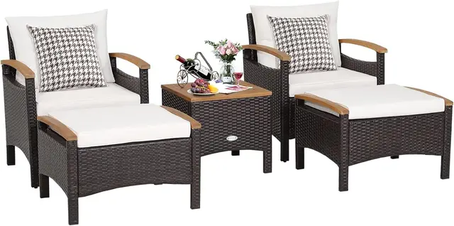 GIANTEX Juego de Muebles de Jardín de Ratán 5 Piezas, 2 Sillones, 2 Otomanas y 1 Mesa de Café, Conjunto de Muebles con Cojines para 2/4 Personas, Conjunto de Conversación para Patio, Balcón (Blanco)