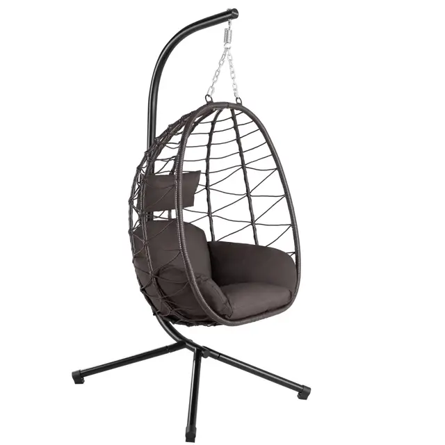 Silla Colgante con Soporte, Cojín y Almohadilla | Color Marrón | Columpio Colgante para Interior y Exterior | Estructura Metálica, Columpio de Jardín/Terraza, Silla Huevo, Cesta Colgante