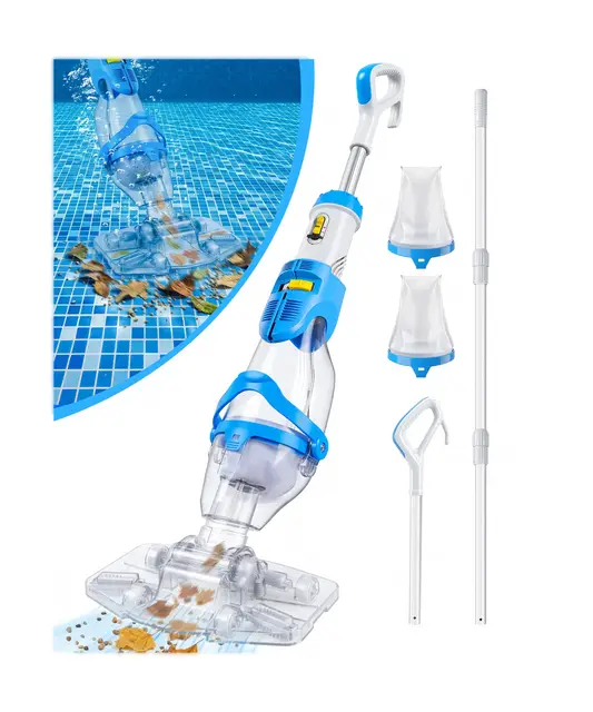 LanOcean Aspirador Piscina Bateria, 2 Modos Aspiradora Piscinas Fondos Caudal Hasta 4300 L/H, Aspiradora para Piscina Inalambrico con Varilla Telescópica, Autonomía de 70 min Limpia Fondos de Piscinas