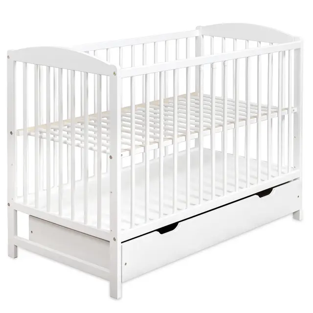 Cuna Bebe con Cajón - Cuna Bebe Madera con Barandillas de Protección - 60x120cm - Regulable en Altura - Cuna para Bebe Convertible en Cama Infantil - Cuna de Bebe para Niñas y Niños Blanco