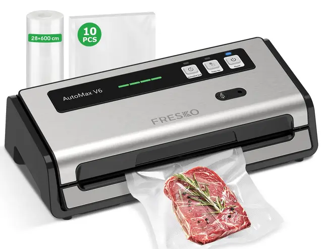 FRESKO Envasadora al Vacio Automática, 140 W, Sellado Térmico Ensanchado, Cortador y Soporte Para Bolsas Integrados, Modo Húmedo Y Seco, Operación con una Sola Mano (Automax V6)