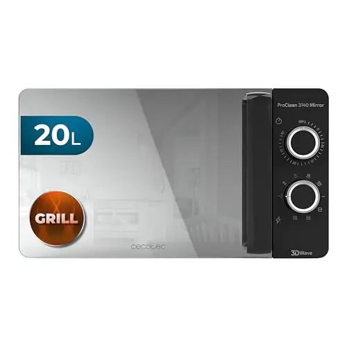 Cecotec Microondas de 20 Litros ProClean 3140 Mirror. 700 W con 6 Niveles, Grill 800W, Revestimiento Ready2Clean para mejor Limpieza, Tecnología 3DWave, Negro con Efecto Espejo