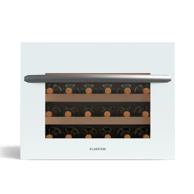 Klarstein Vinsider 24 Built-In Uno frigorífico empotrable para vinos - 24 botellas,1 zona,5-20°C, iluminación LED, protección UV, estantes de madera, silencioso,bajo consumo, blanco, puerta de cristal