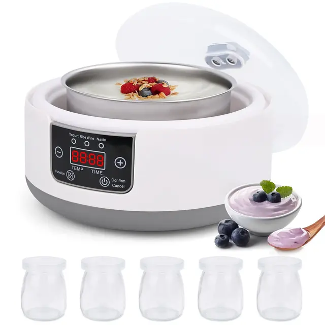 Euakee Yogurtera, Yogurtera Eléctricacon con 5 tarros de 100 ml de Capacidad, Termostato Regulable y Pantalla Digital, Ideales para la Preparación Casera de Yogur y Natto