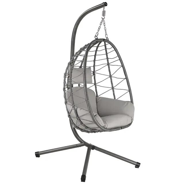 Silla Colgante con Soporte, Cojín y Almohadilla | Color Gris | Columpio Colgante para Interior y Exterior | Estructura Metálica, Columpio de Jardín/Terraza, Silla Huevo, Cesta Colgante