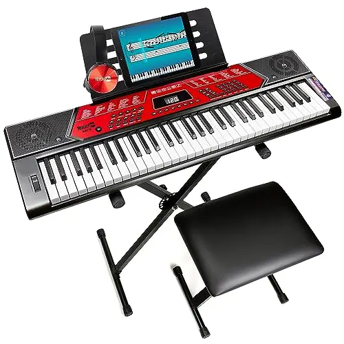RockJam RJ6170-SK Kit Teclado Piano de 61 Teclas, Teclado Electrónico Rojo para Principiantes con Pitch Bend, Soporte, Banco, Auriculares, Entrada Aux y Clases
