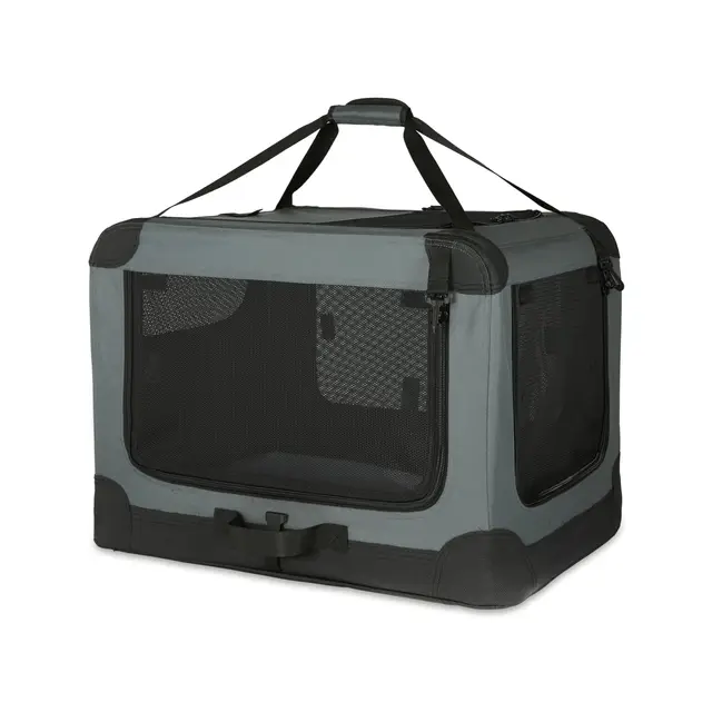 Amazon Basics Transportín portátil plegable de 4 puertas para perros y gatos, Gris, M 76 cm x 54 cm x 54 cm