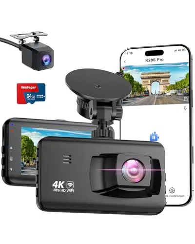 Dashcam 4K/1080P,WiFi Dash CAM Coche,Tarjeta 64GB,Visión Nocturna,G-Sensor,Grabación en Bucle,Asistente de Marcha atrás,170°+140°Gran Angular,IPS de 3 Pulgadas,Modo Parking 24H