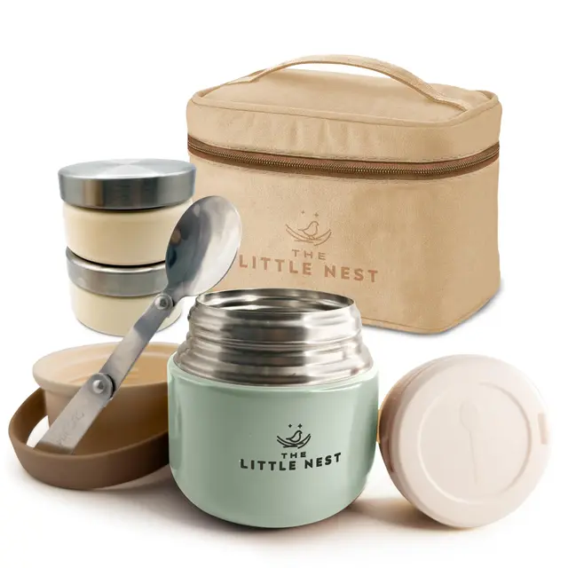 Set Termo Comida Bebé 300ml de Acero Inoxidable, 2 Contenedores y Estuche Térmico, Cierre Hermético, Aislamiento de Doble Pared, Mantiene Caliente y Frío, Sin BPA (Color Matcha Green)
