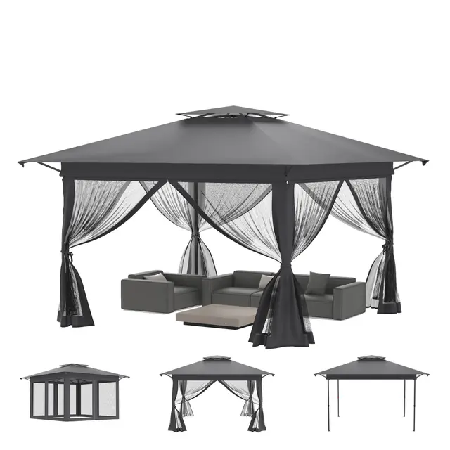 Cenador de jardín, 4 x 4 m, resistente al agua, protección UV, estable, plegable, 3 niveles, altura regulable, con 4 mosquiteros, laterales y doble techo, incluye bolsa de transporte, color antracita