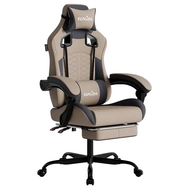 SUKIDA Silla ergonómica para Videojuegos con reposapiés, reposacabezas para Silla de Videojuegos, Ajustable, Altura Regulable, Soporte Lumbar para Oficina en casa y Juegos, Color Beige