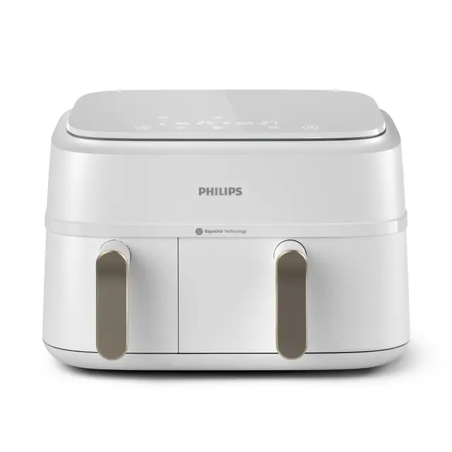 Philips Freidora de Aire Serie 3000, Doble Cesta 9L, 8-en-1, Sincronización Automática, 90% Menos Grasa, Tecnología Rapid Air, Apta Lavavajillas, con App HomeID, Blanca (NA353/10)
